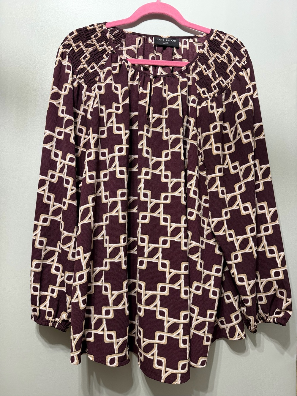 Lane Bryant Burgundy Geometric Smocked Yoke Blouse - 26/28